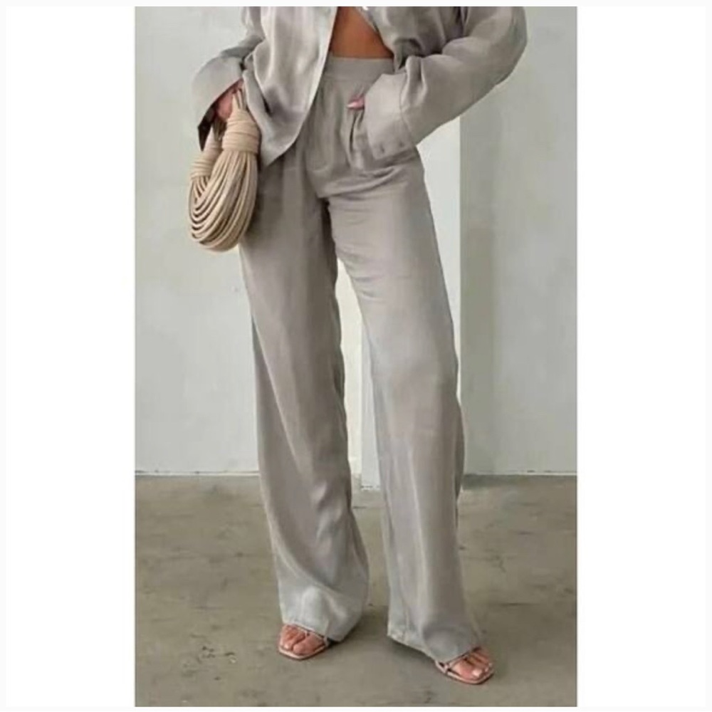 Rumoured Riverside Trouser Pant Silky Gray Wide Leg High Rise Size Large New